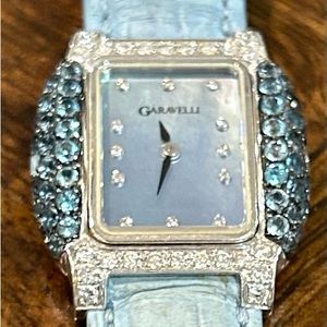 Garavelli Diamond and Blue Topaz watch with light blue leather band
